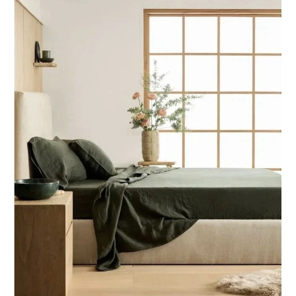 NWT QUINCE EUROPEAN LINEN SHEET SET Pine 4 PIECE QUEEN 100% FLAX MSRP $184